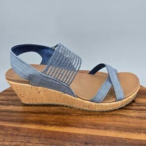 Skechers Sandals Women's 11 Navy Blue Beverlee Slip On Strappy Wedge Open Toe